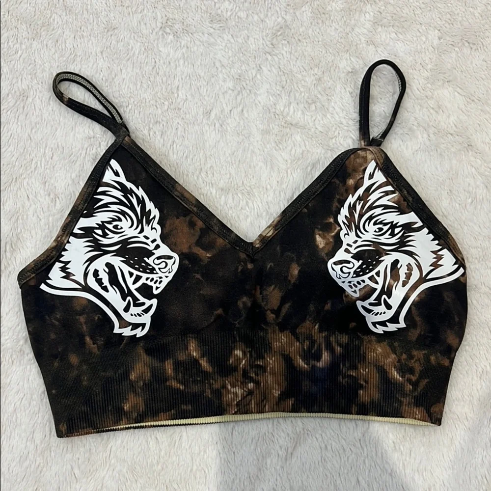 Darc Sport Black & Brown Tie-Dye Wolf Graphic Sports Bra